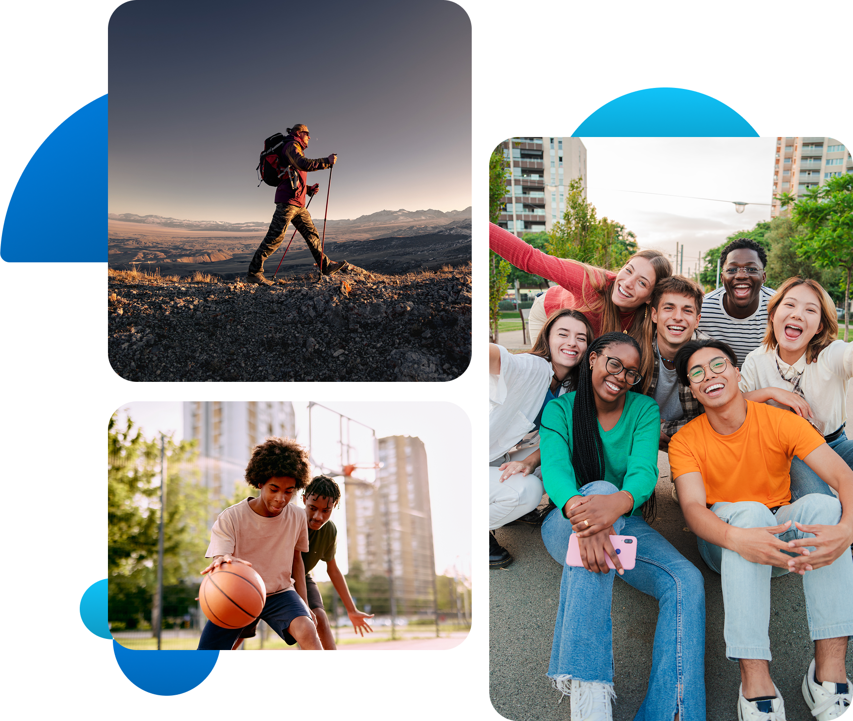 Three photos showing hiking, basketball, and group fun outdoors.