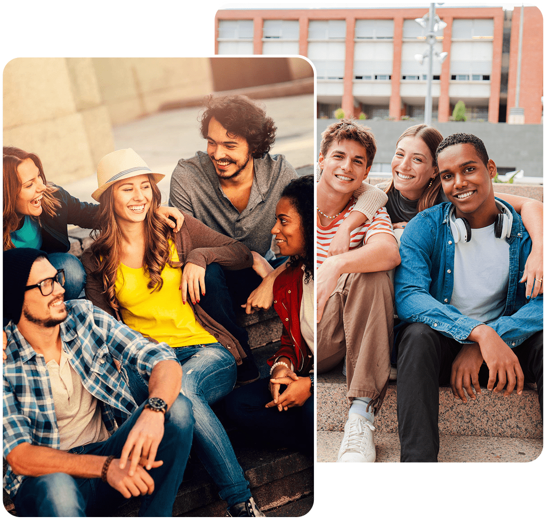 Two groups of friends enjoying time together outdoors.