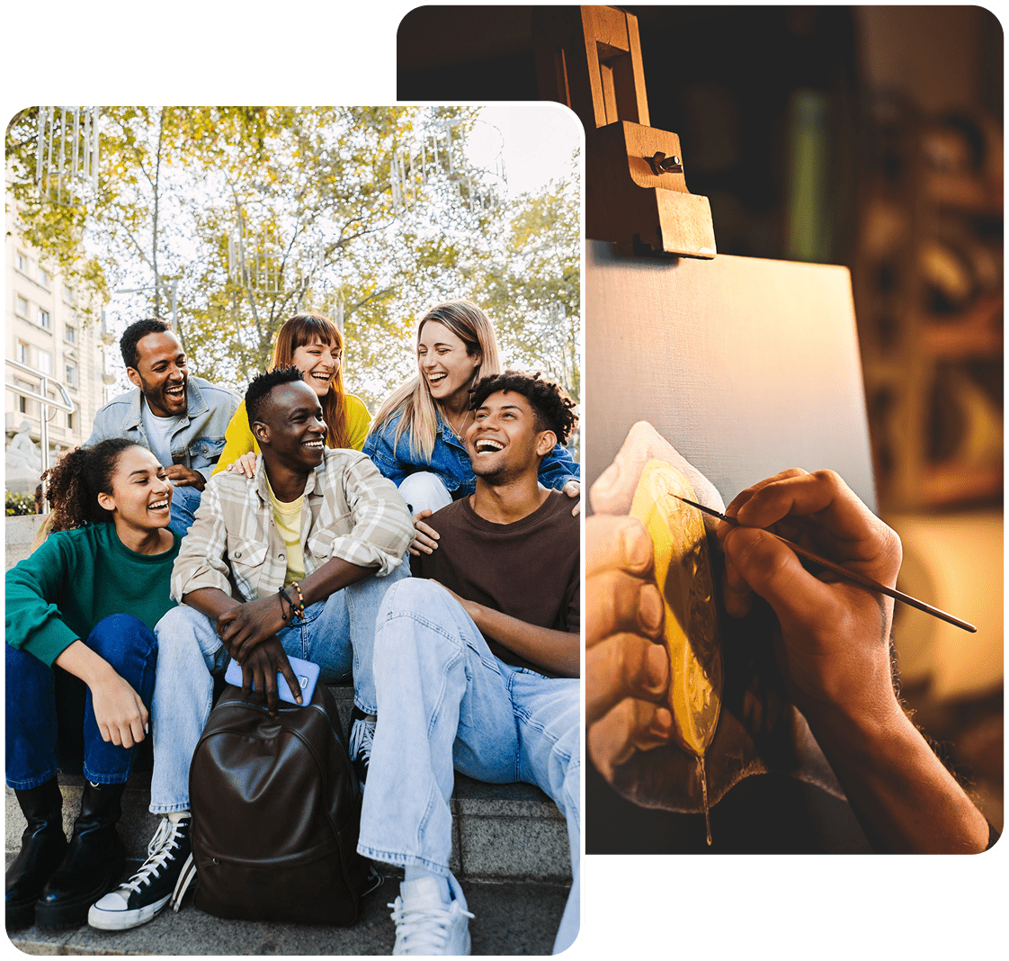 A diverse group of friends sitting outdoors, laughing and enjoying each other's company.