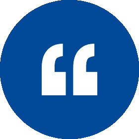 White quotation marks inside a blue circle.