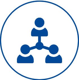 Blue organizational chart icon with connected people inside a circle.